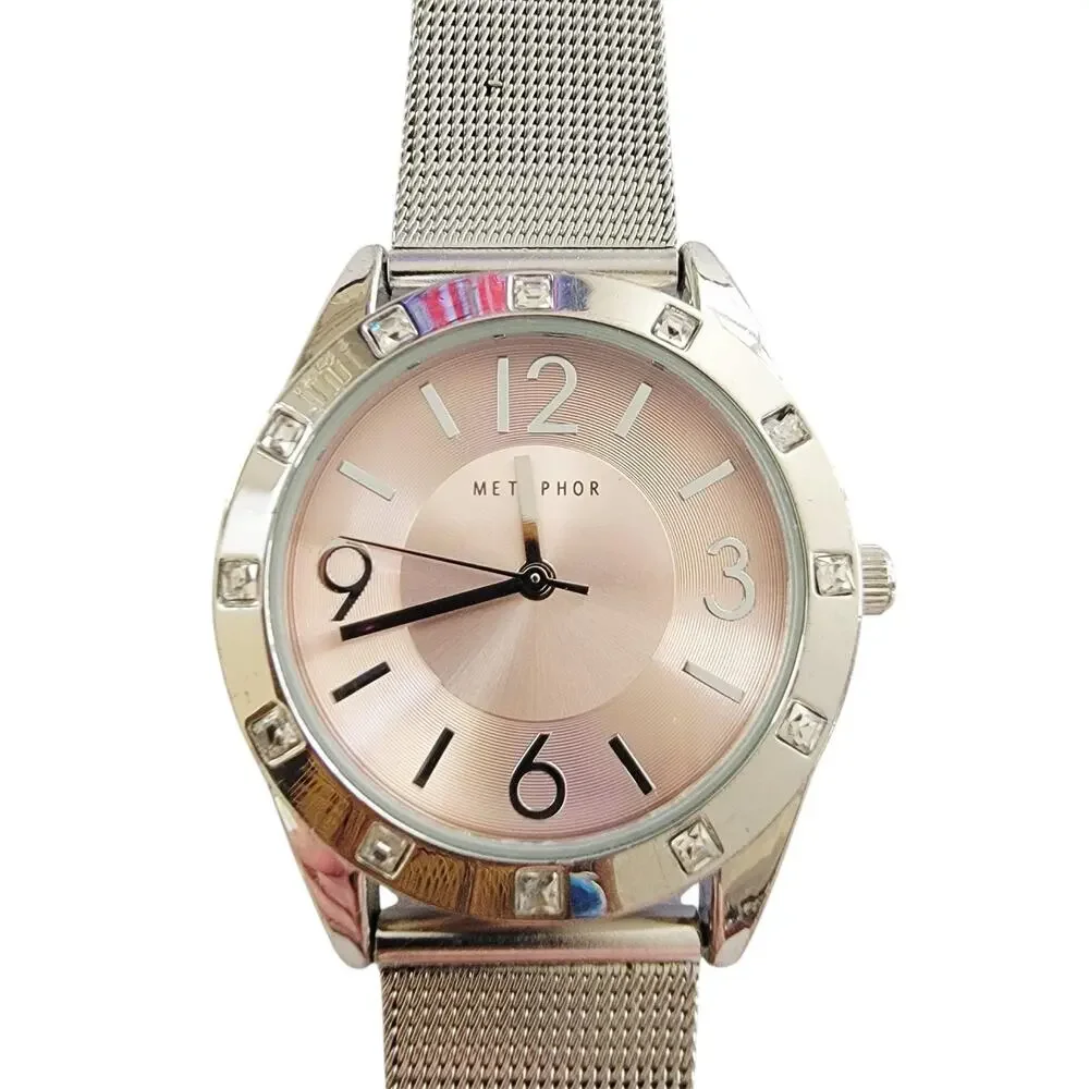 MET PHOR Womens Watch Pink Dial 36mm Silver Case Mesh Bracelet Quartz Analog